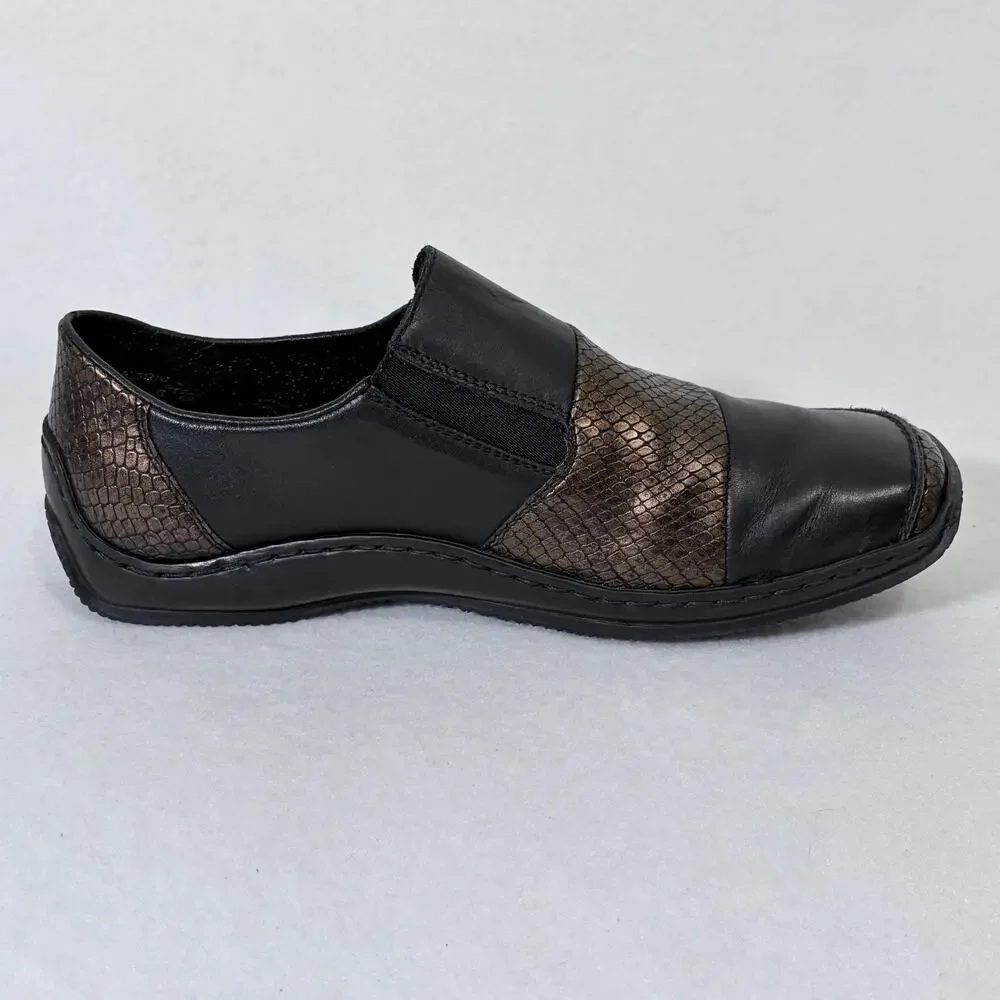 Rieker Comfort Slip On Shoes Womens 39 US 8 Black Leather Brown Argyle Metallic